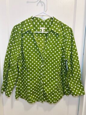 Talbots Green W/ White Polka Dots Collard Long Sleeve Button Up Shirt Womens L